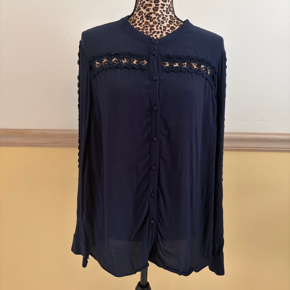 Boden Navy Blue Crochet Lace Trim Button Front Viscose Blouse US 16R‎ UK 20R